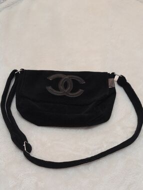 CHANEL Black Suede Crossbody Bag with CC Patch
